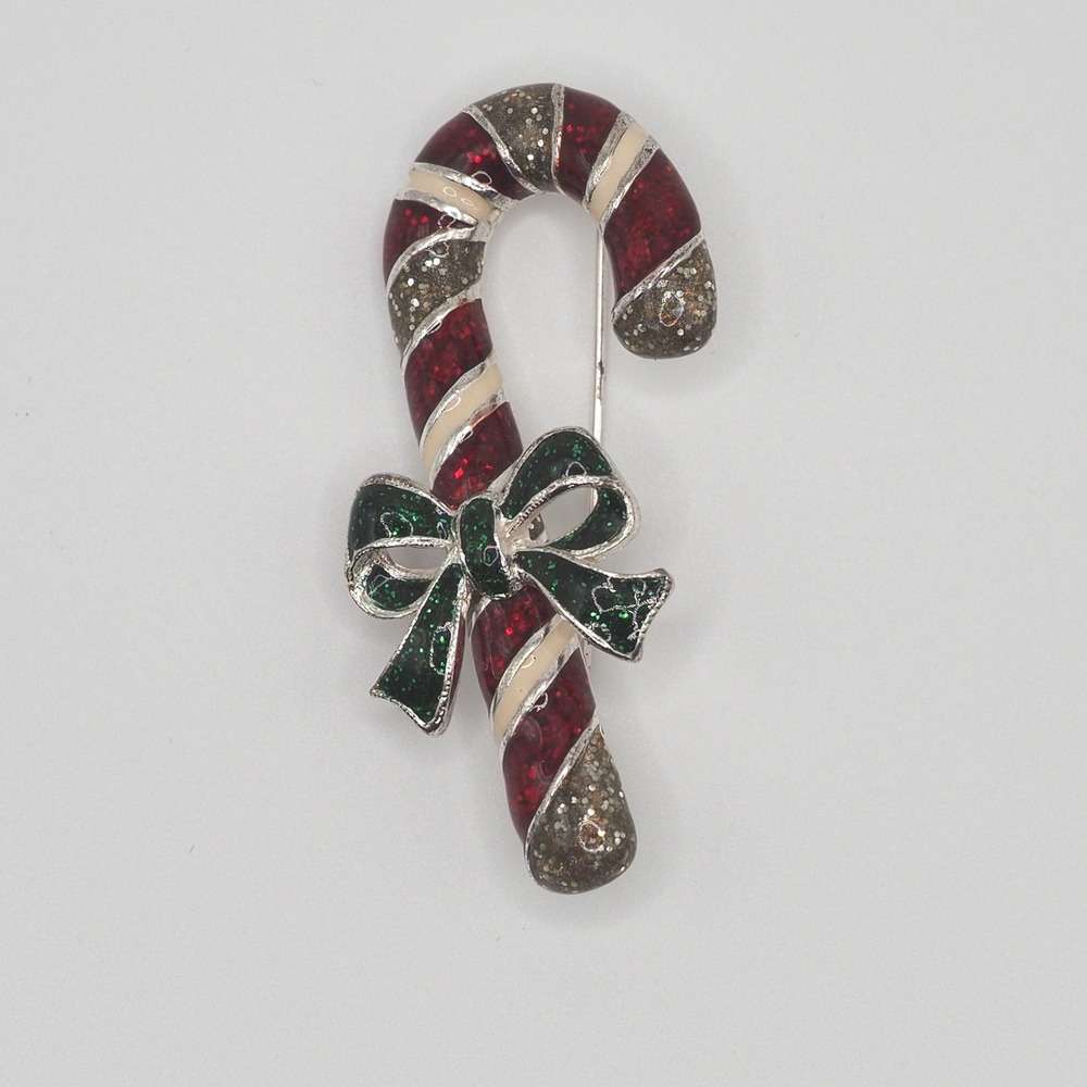 Candy Cane Brooch Enamel Glitter Bow Silver Tone Christmas Holiday Vintage TC